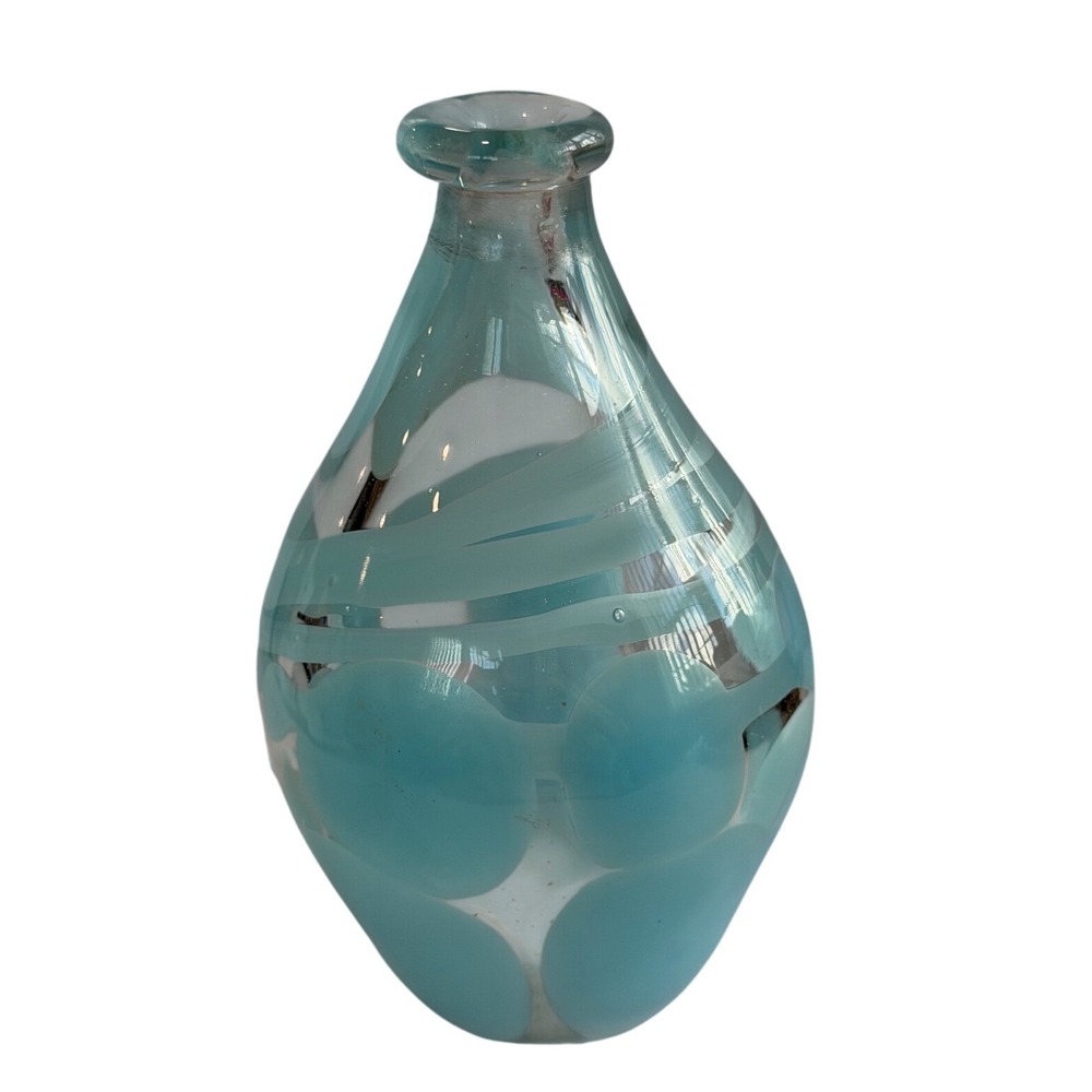 Vintage Hand Blown Aqua Clear Studio Art Glass Vase Rolled Rim 5.5 inch